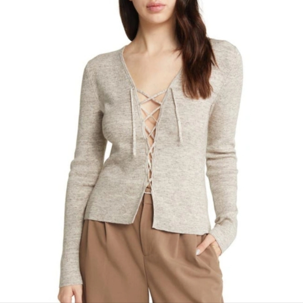 Open Edit Brown Ivory Spacedye Lace Up Top Size XL